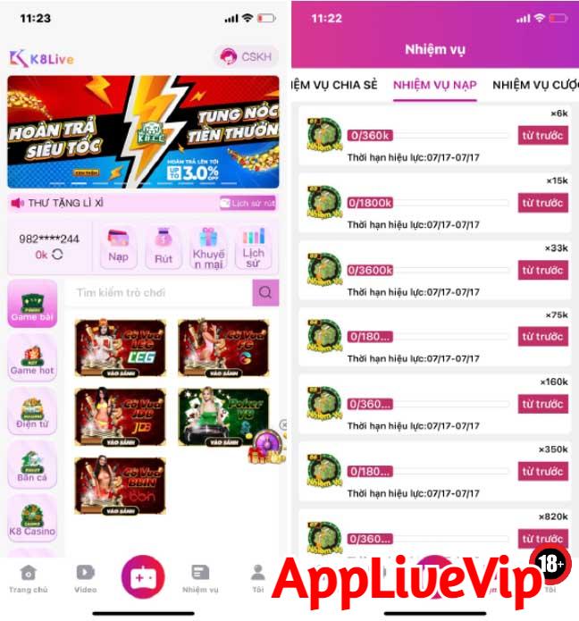 Sự kiện app K8 live